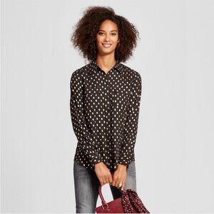 Who What Wear Polka Dot Button Down Collared Top Shirt Black Gold Breathable XS